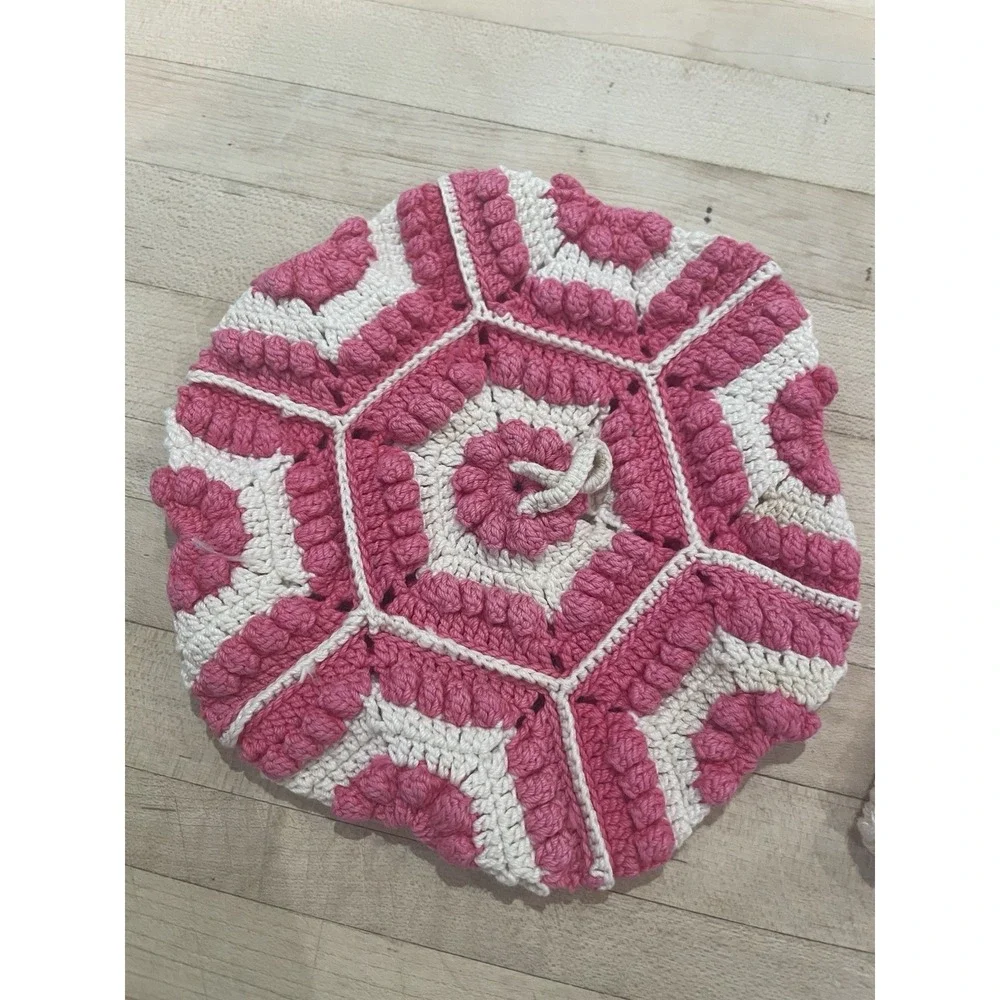 Vtg Crocheted Hanging Hot Pad 2 Trivets Bloomers Pink White ~Cottagecore Decor ~